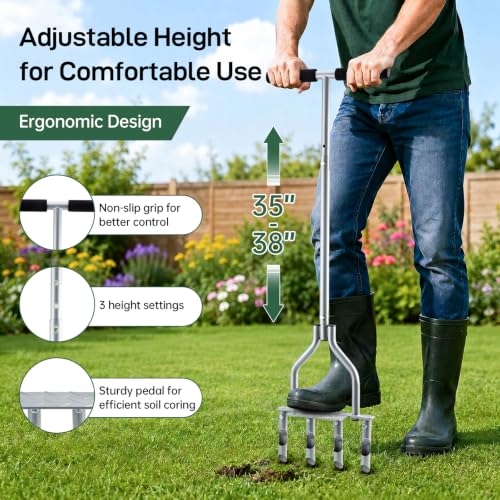 Manual Lawn Aerator with 4 Hollow Tines, Core Plug Design, Sturdy Footrest, Pre-Assembled – Heavy Duty Tool for Loosening Compacted Soil, Yard Aeration & a Thriving Lawn