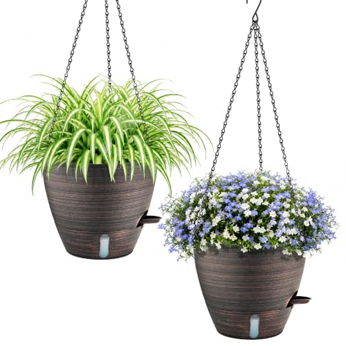 ZMTECH 10 Inch Self Watering Hanging Planters for Indoor Plants, Bronze Hanging Baskets for Outdoor, Water Level Indicator & Removable Reservoir for Garden Porch Home Decor（2 Pack） - color: Bronze-10"×2, size: 10 Inch - 2 Pack