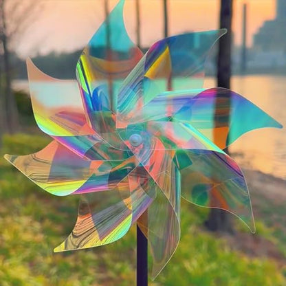 Hausse 10 Pack Reflective Pinwheels Wind Spinner (Assembly Required), Sparkly Pinwheel with Stakes, Bird Repellent Blinder Devices Scare Birds Away from Yard Patio Farm Garden, Transparent Rainbow - color: Transparent Rainbow