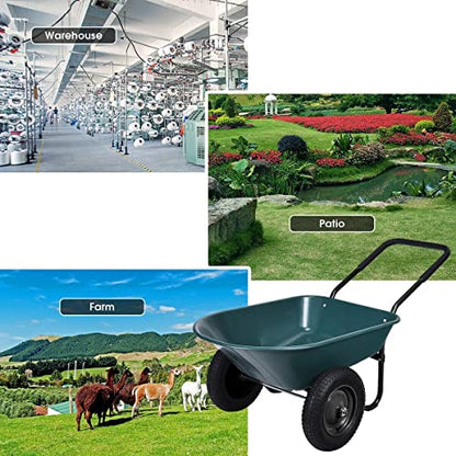 2-Wheeled Garden Wheelbarrow, Heavy Duty Garden Cart, Easy Loading and Dumping Utility Wagon for Outdoor Lawn Yard Farm Ranch, Green - color: Green