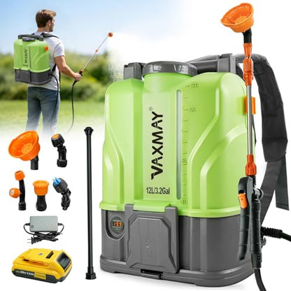 VAXMAY Battery Powered Backpack Sprayer 3.2 Gallon, 100 PSI Electric Garden Sprayer Compatible with DeWalt 20V Battery, Weed Yard Sprayer with 2 Wands, 5 Nozzles, 2.0 Ah Battery & Charger Included - size: 3.2 Gallon