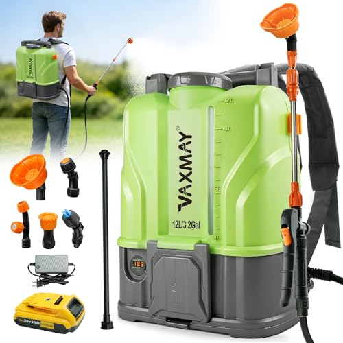 VAXMAY Battery Powered Backpack Sprayer 3.2 Gallon, 100 PSI Electric Garden Sprayer Compatible with DeWalt 20V Battery, Weed Yard Sprayer with 2 Wands, 5 Nozzles, 2.0 Ah Battery & Charger Included - size: 3.2 Gallon