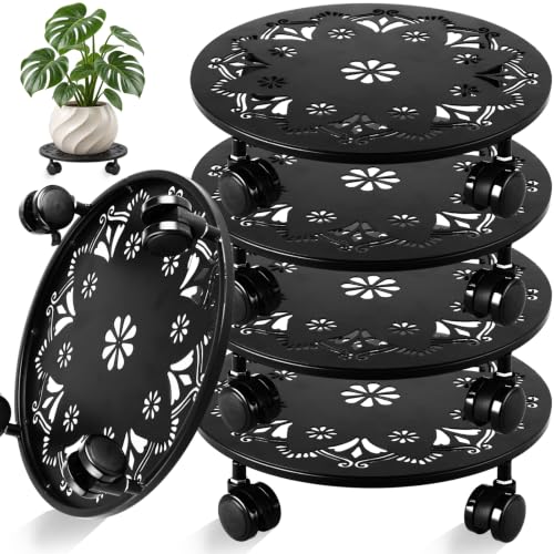 4 Pack Rolling Plant Caddy with Wheels 14 Inch, Plant Rollers with Wheels Metal Plant Caddy with Wheels Heavy Duty Plant Stand for Large Plants, Matte Black Rolling Planter Base, 4 Wheels for Planters - color: Black