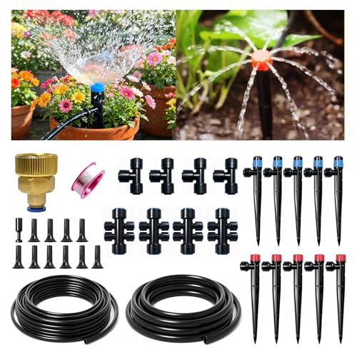 Brass Connector Drip Irrigation System, Quick-Connect Garden Watering System Kit with Adjustable 360° Umbrella & Drip Emitters for Greenhouse, Garden Grid, Lawn, Potted Plant (15FT+ 78FT) - size: 15FT+78FT