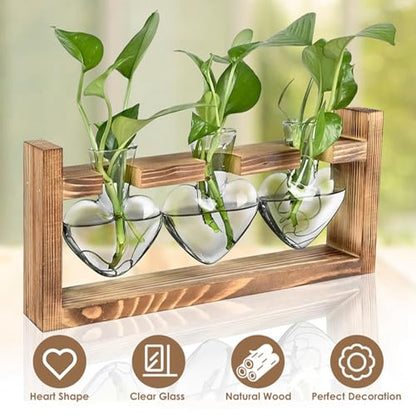 KOCASO Plant Propagation Station, Plant Terrarium with 3 Heart Shaped Vases & Wooden Stand, Desktop Glass Vase for Hydroponic Plants, Home Office Garden Decor Planter Gift for Plant Lovers