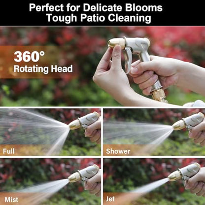 100% Metal Heavy Duty Garden Hose Nozzle with Brass Nozzle with 4 Patterns - color: Silver Gray