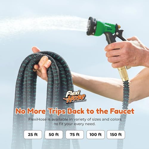 Flexi Hose with 8 Function Nozzle, 25FT - Lightweight Expandable Garden Hose, No-Kink Flexibility, 3/4 Inch Solid Brass Fittings and Double Latex Core - Black and Green - size: 25ft