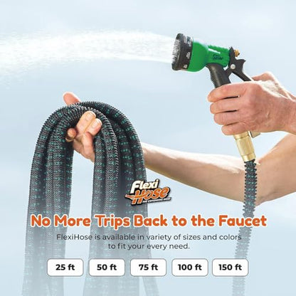 Flexi Hose with 8 Function Nozzle, 25FT - Lightweight Expandable Garden Hose, No-Kink Flexibility, 3/4 Inch Solid Brass Fittings and Double Latex Core - Black and Green - size: 25ft