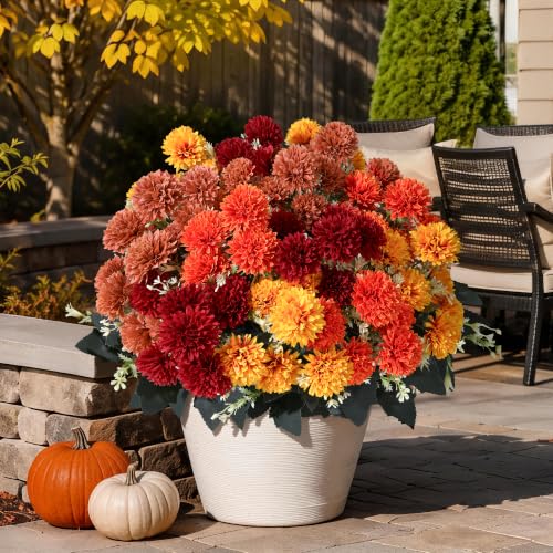 Fake Mums Artificial Fall Flowers for Outdoors Outside Decorations, 12 Bundles Silk Chrysanthemums Fall Flowers Faux Mums for Outdoor Planters Realistic UV Resistant Marigold for Porch Patio Home - color: Mums-4 Multi