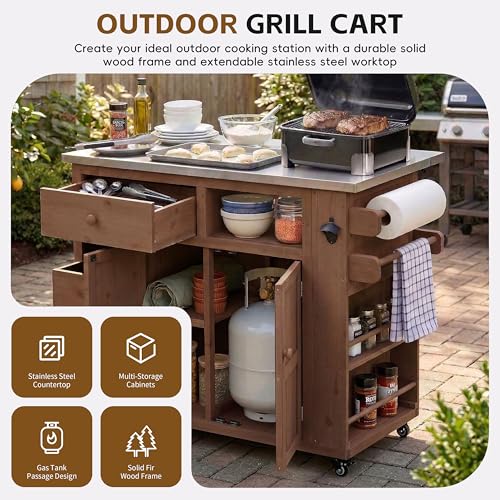 GDFStudio Winford Patio Kitchen Island Cart with Extendable Top, Wooden Outdoor Storage Cabinet with Stainless Steel BBQ Prep Table Top, Drawers, Spice Rack and Lockable Wheels, Potting Bench, Brown - color: Brown