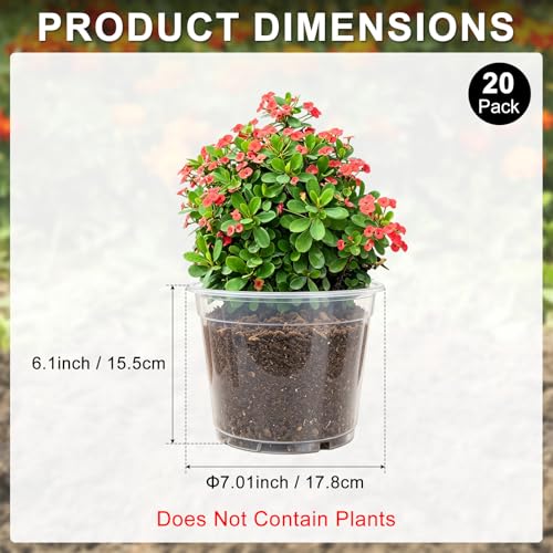 M METERXITY 20 Pack Clear Nursery Pots with Drainage Holes, Sturdy Plastic Seedling Starter Pots for Plants, Vegetable, Succulent, Propagation, Root Cutting, Seed Starting [7'' x 6''] - size: 7.01''