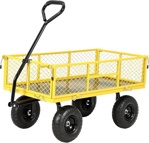 900Lbs Heavy Duty Steel Garden Cart, Convertible Flatbed Wagon Yard Cart with 10 Inch Wheels & Mesh Removable Sides Yellow - color: Yellow