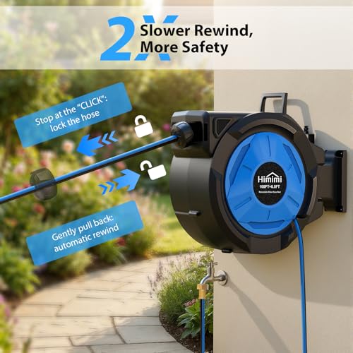 Retractable Garden Hose Reel, 1/2 Inch x 100 ft + 6.6 ft Heavy Duty Wall Mounted Hose Reel with 10 Patterns Nozzle, Any Length Lock, Upgraded Slow Return System, 180°Swivel Bracket and UV Resistant - size: 100 Ft