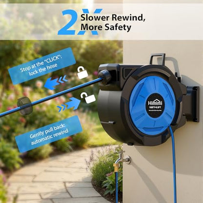 Retractable Garden Hose Reel, 1/2 Inch x 100 ft + 6.6 ft Heavy Duty Wall Mounted Hose Reel with 10 Patterns Nozzle, Any Length Lock, Upgraded Slow Return System, 180°Swivel Bracket and UV Resistant - size: 100 Ft