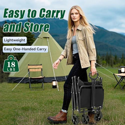 Collapsible Wagon Cart Foldable with Tailgate, 240L 480lbs Capacity, Heavy Duty Beach Wagon with Wheels Brake, Shopping Carts for Grocery, Camping, Garden Cart
