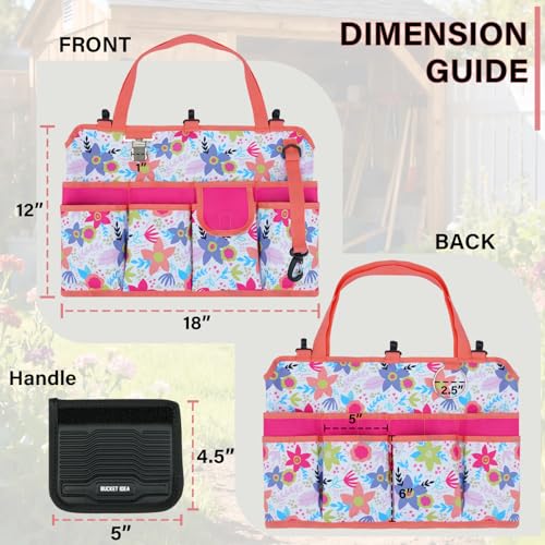 KUNN 5 Gallon Bucket Organizer 18-Pocket Bucket Tool Bag with Hangable Handle, Heavy-Duty Garden Tool Organizer Bag for Gardening Tools, Fits 3.5-5 Gal Buckets, Includes Comfort Grip Pad, Red - color: White Blossom