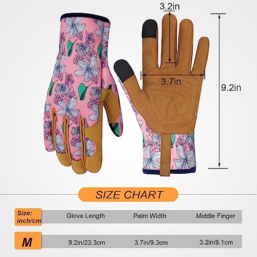 Leather Gardening Gloves for Women Thorn Proof Garden Gloves Touch Screen Working Gloves Gifts,M - color: P Flower