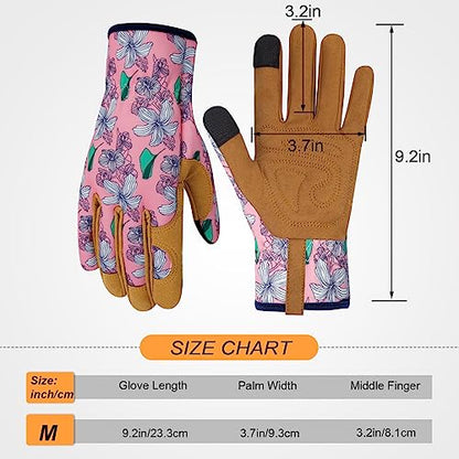 Leather Gardening Gloves for Women Thorn Proof Garden Gloves Touch Screen Working Gloves Gifts,M - color: P Flower