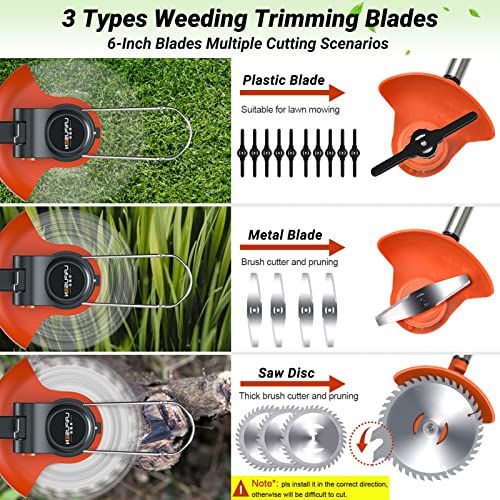 Weed Wacker Cordless, Electric Weed Eater & Lawn Edger - 21V Battery Powered Grass Trimmer 3-in-1 Stringless Grass Trimmer/Edger/Brush Cutter with 2×4.0Ah Batteries (Orange B)