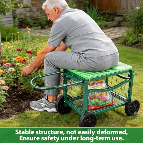 Garden Rolling Work Seat with Wheels, Sturdy Steel Frame,Hold 400Lbs