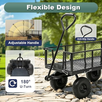 Heavy Duty Garden Wagon Cart – 880 LBS Steel Utility Cart with All-Terrain 3.50-4" Solid Wheels, 10" Tires, 180° Rotating Handle, Removable Sides, Laser-Welded Frame for Multi-Surface Use