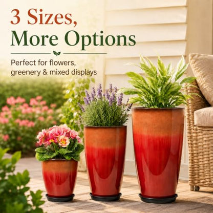 Neoaider Set of 3 Tall Planter, 24/21/12in Large Plastic Planter, Firey Red - color: Fiery Red