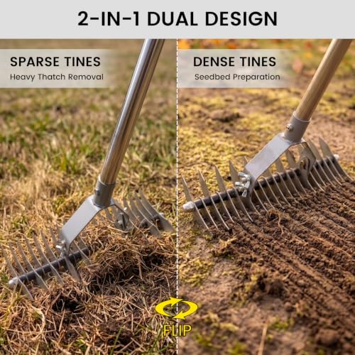 Thatch Rake Replacement Head, 2-in-1 Dual-Sided Dethatching Rake Head for Lawns, Heavy Duty Anti-Bending Tines, Wobble-Free Turf Grass Remover Tool - size: 13.8inch