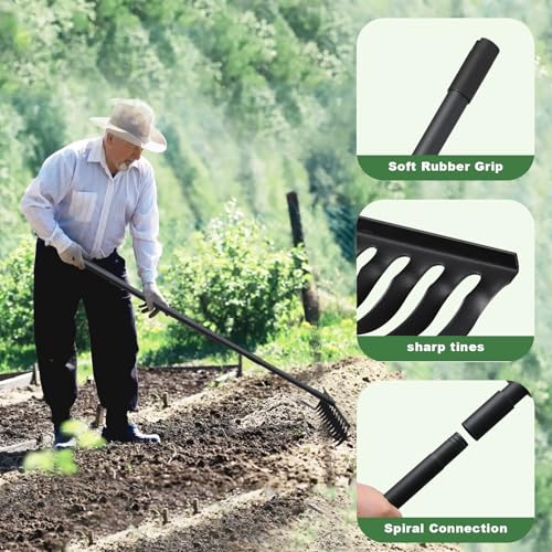 Heavy Duty Bow Rake, 12 Tines Garden Metal Rake with 60" Long Handle, Rock Rake for Gravel & Lawns,Portable Bow Rake for Soil Leveling, Residential Lawn Care, Leaf Raking & Garden Maintenance