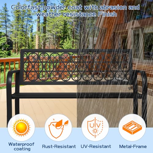 50" Outdoor Bench, Metal Weatherproof Garden Bench Cast Iron Heavy-Duty Patio Bench with Decorative Backrest for Proch Park 880lb Capacity - style: Clover-Black