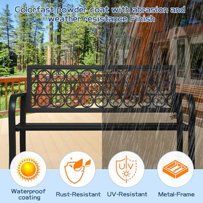 50" Outdoor Bench, Metal Weatherproof Garden Bench Cast Iron Heavy-Duty Patio Bench with Decorative Backrest for Proch Park 880lb Capacity - style: Clover-Black