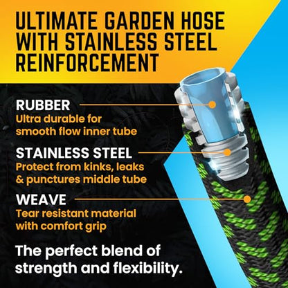 PowerFlow Metal Garden Hose, 75 Ft Non-Expandable Water Hose, Green - color: Green, size: 75 Feet