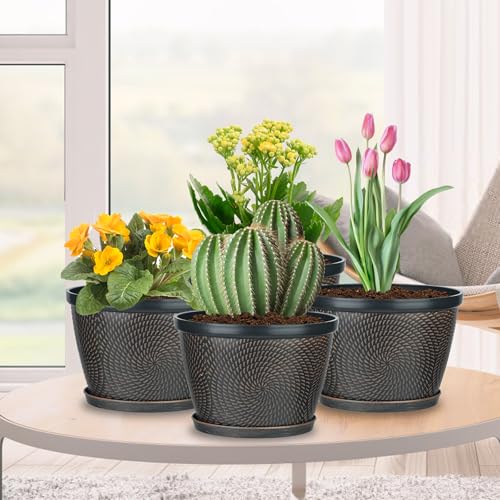 Quarut 4 Pack 8 Inch Flower Pots for Outdoor Indoor, Plastic Plant Pots - color: Circular Pattern-brown, size: 8 inch-4 Pack