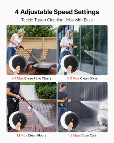 VEVOR Cordless Pressure Washer, 1200PSI MAX Portable Pressure Washer with Brushless Motor, 6-in-1 Nozzle & Water Hose, 4 Speed Adjustable, Battery Powered Handheld Power Cleaner for Home Garden Patio