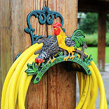 Cast Iron Heavy Duty Wall Mount Hose Hanger, Solid Metal Sturdy Decorative Water Hose Rack/Organizer, Easy to Install and Hold Up to 50/75/100 ft - style: Hose Holder-rooster