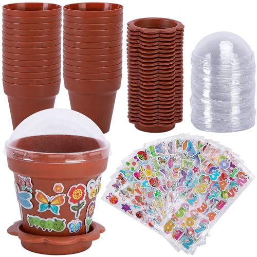 25 Packs Cupcake Plant Nursery Pots with Humidity Dome, Small Plastic Flower Plant Pots with 20 Sheet Stickers, Seeds Starter Pot Flower Planting Container for Seedlings Succulent Display (Wine Red) - color: 25 Packs With 20 Sheet Stickers