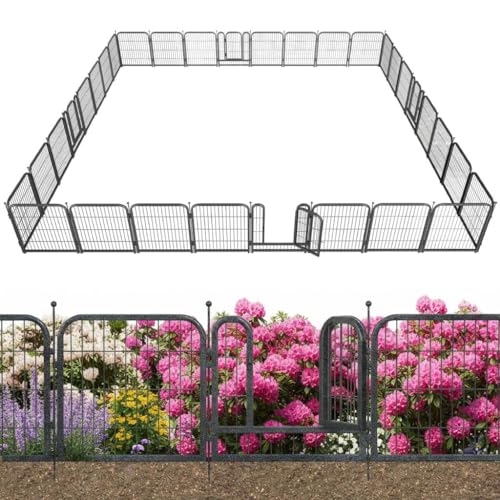 Decorative Garden Metal Fence 72ft (L)×32in (H) with 28 Panels 4 Gate Outdoor, No Dig Rustproof Wire, Animal Barrier Fencing for Outdoor Yard Patio Flower Bed,（Black-Silver） - size: 32in(H)x72ft(L)