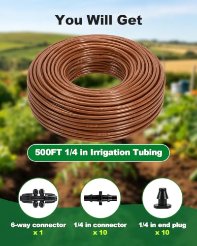 1/4 Drip Irrigation Tubing 500FT Brown Drip Line, 0.5GPH Emitters Every 6In - size: 500FT