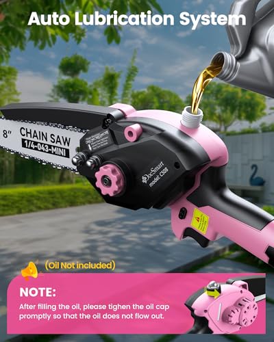 Mini Chainsaw with 1000W Brushless Motor, 8 inch & 6 inch 2 Batteries - color: Pink