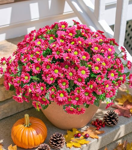 Daisy Artificial Flowers for Outdoors Autumn Fall Decoration, 6 Bundles Fake Mums Dark Red Silk Flowers for Outside Look Real UV Resistant Faux Flowers Plants for Planter Front Door Home Indoor Porch - color: Dark Red