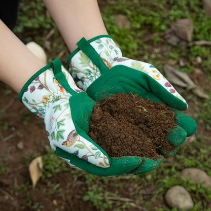 Gardening Gloves for Women, Breathable Leather Garden Gloves,Gardening Gift - color: White - Flowers Birds