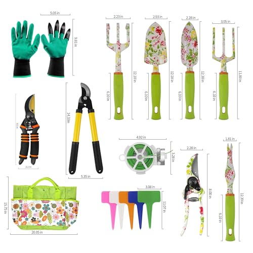 Gardening Tools – 42 Piece Premium Gardening Tool Set,Heavy Duty Hand Tools with Fashion Garden Tools Organizer Handbag,Rust-Proof Gardening Tool Kit, Ideal Gardening Gifts for Women(Pink Floral)