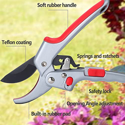 Garden clippers, premium Germany pruners, Work 3 times easier, professional ratchet pruning shears, cutting rose, flower, hedge, stem, tree, Sharp gardening scissors, Arthritis weak hand snips - color: Red/Silver