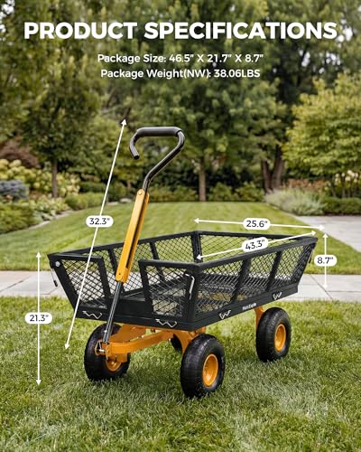 900 Lbs Heavy Duty Steel Garden Cart, Outdoor Metal Garden Wagon On Wheels, Utility Yard Cart with Mesh Removable Sides(Convert to Flatbed) and Removable Handle (to Wheel Barrow), Dark - color: Black