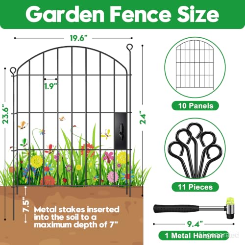 Decorative Garden Fence 24in (H) x16ft (L),Arched Metal No Dig - size: 10 Panels-24in(H) x 16ft(L) with Gate