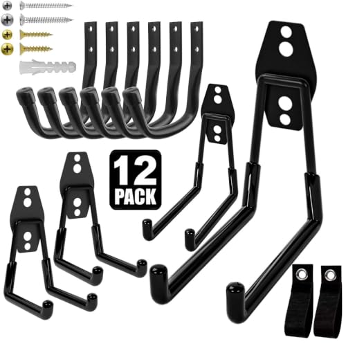 Heavy Duty Wall Garage Hooks, Steel Anti-Slip Utility Hooks Storage Organization Hangers for Ladders, Bikes, Hose, Garden Tools, Coats, Bags with Mounting Hardware Kit (Black, 12 Pack) - color: Black(12pcs)