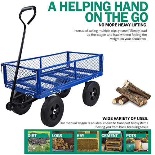 Metal Utility Wagon with 10" Solid Large Wheels 500 Lbs Capacity Heavy Duty Wheel Barrow Mesh Steel Garden Wagon Cart Dump Cart Pullable with 180° Rotating Handle Removable Sides (Blue) - color: Blue