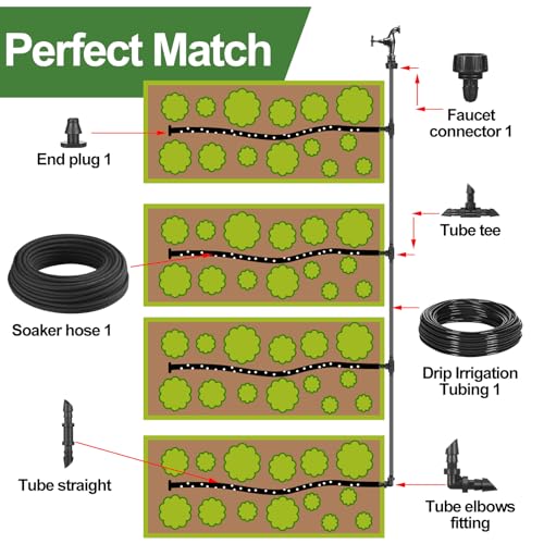 Drip Irrigation System Kit Garden Watering System 200ft 1/4 Inch Soaker Hose 100ft 1/4 Inch Drip Irrigation Tubing with Distribution Tubing and Accessories for Garden Greenhouse Patio Lawn