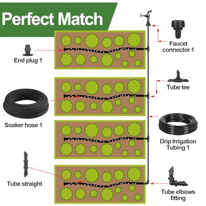 Drip Irrigation System Kit Garden Watering System 200ft 1/4 Inch Soaker Hose 100ft 1/4 Inch Drip Irrigation Tubing with Distribution Tubing and Accessories for Garden Greenhouse Patio Lawn
