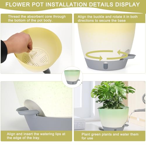 4-Piece Planter Set, 12/10/9/8-inch Self-Watering Pots with Drainage Holes, Deep Trays, Water Level Indicators, Suitable for Plants (12/10/9/8-inch, White Gradient Design)