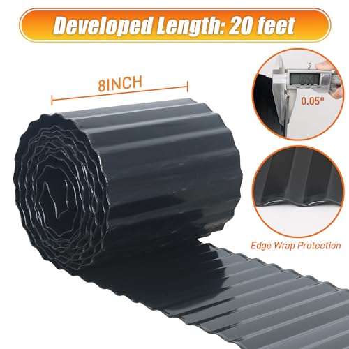 Quibbay Corrugated Metal Garden Edging, 8"×20Ft Metal Landscape Edging for Lawns, Borders and Flower Beds, Metal Garden Edging Border for Garden and Yard, Sturdy Garden Long Strips, Black - color: Black, size: 8 Inch × 20FT